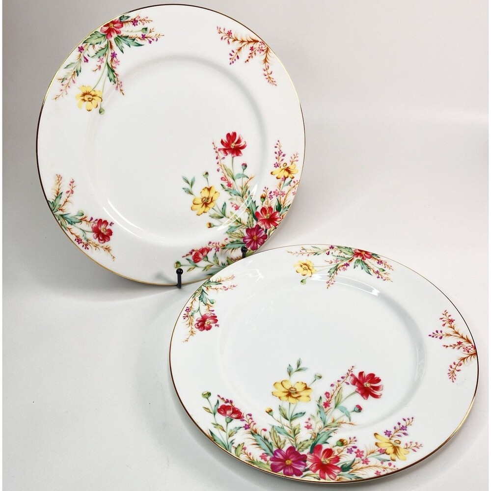 Vtg Set/2 Kent China Springfield Dinner Plates Grannycore Floral Gold Trim 10.5"